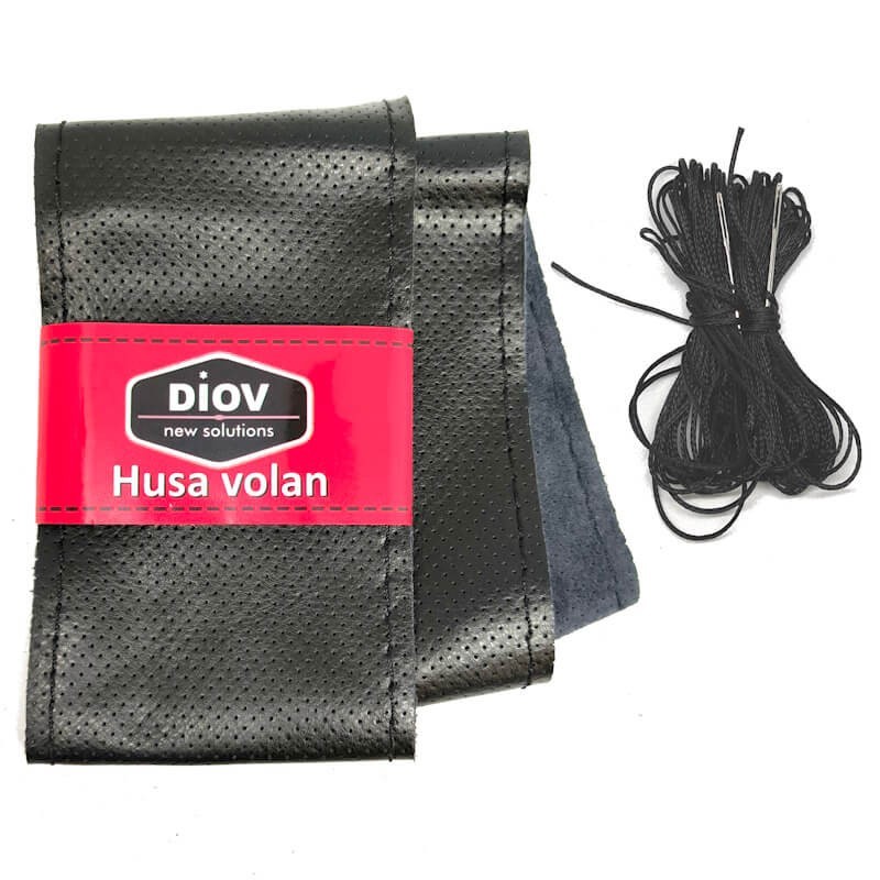 Husa Volan din Piele Naturala Neagra Perforata cu Ata Neagra