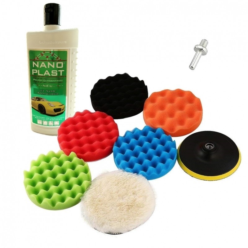Kit polish auto cu 5 bureti, calota bumbac si adaptor bormasina